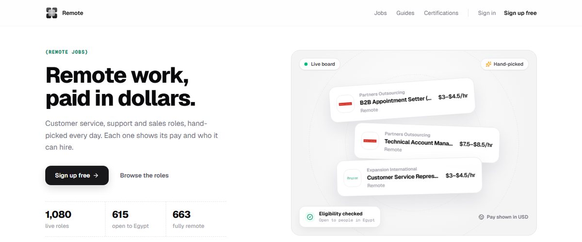 The Remote jobs board: customer service, support and sales roles, each showing its pay in USD and who it can hire