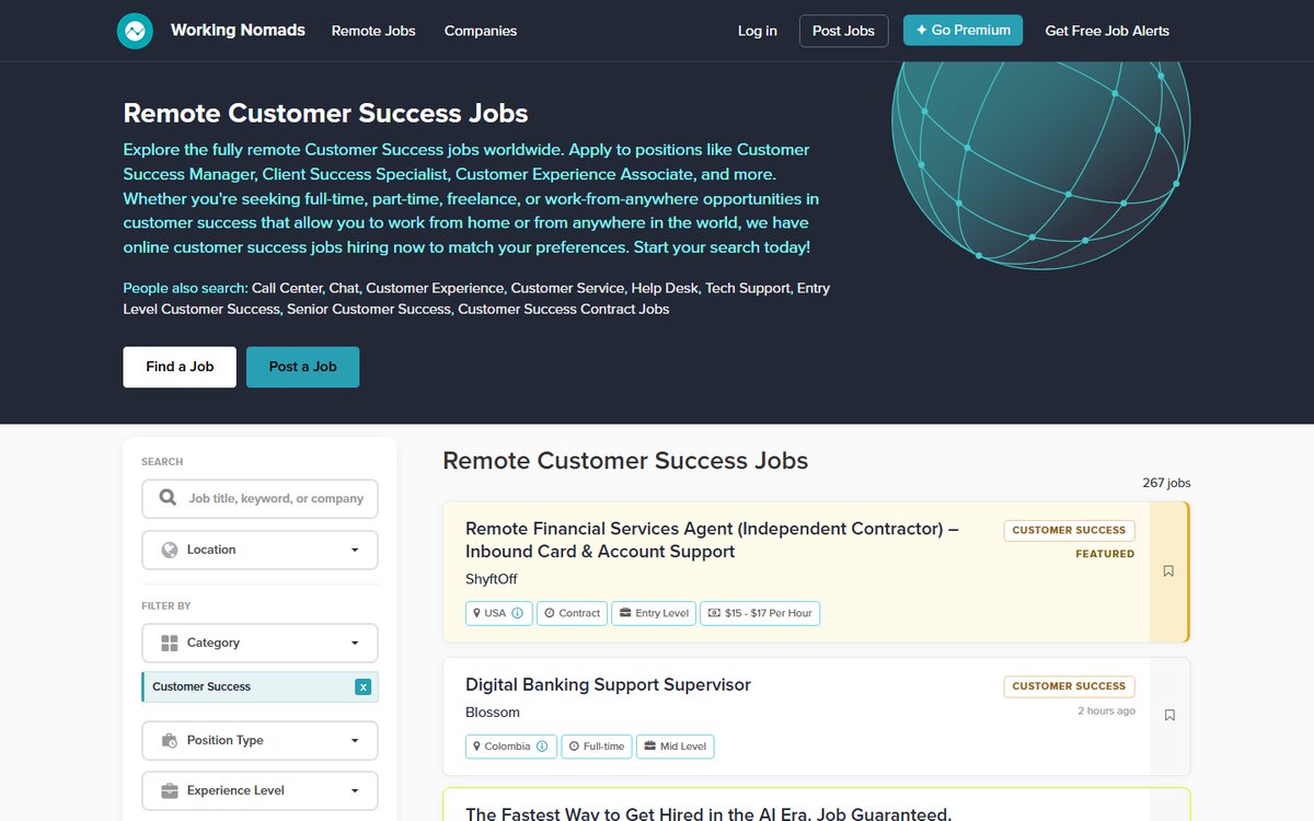 Working Nomads' remote customer success jobs page with search filters and job cards showing location, contract type and pay