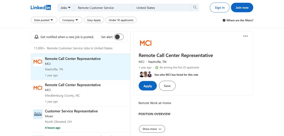 LinkedIn job search for remote customer service jobs, with a list of roles on the left and the selected job on the right