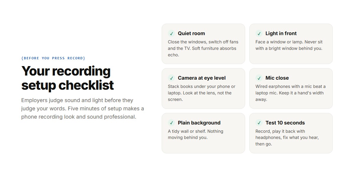 Recording setup checklist: quiet room, light in front, camera at eye level, microphone close, plain background, and a 10-second test