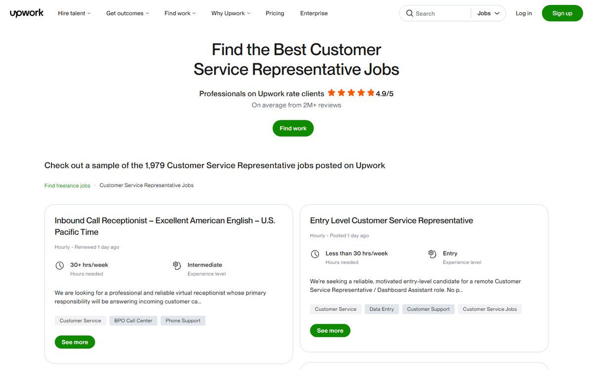 Upwork's customer service jobs page, listing hourly jobs with hours per week and experience level
