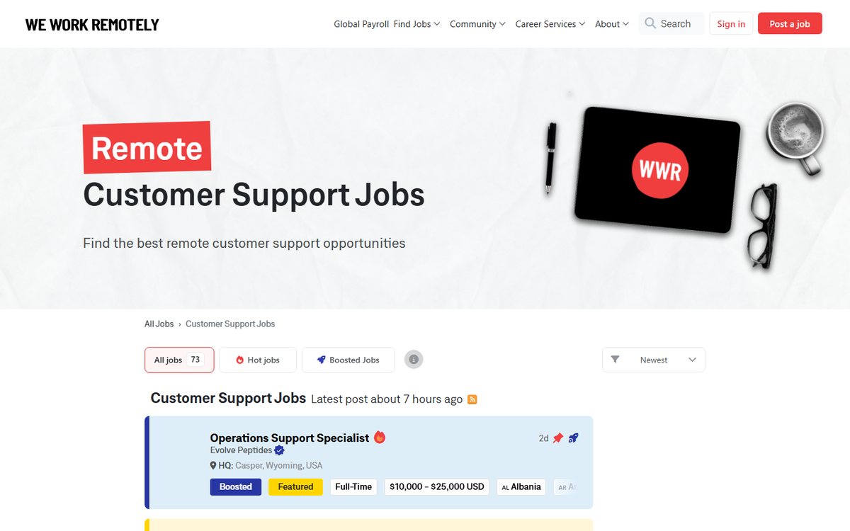 We Work Remotely's customer support jobs page with featured listings, salary ranges and the countries each job is open to
