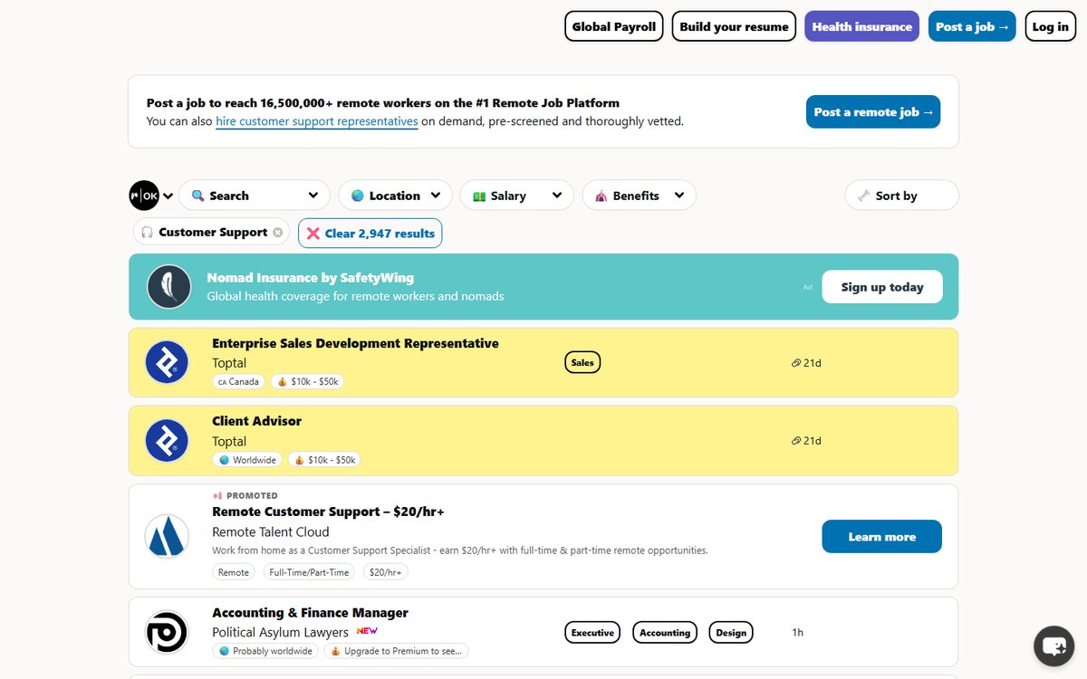 Remote OK listing remote customer support jobs with location tags like Worldwide and salary ranges