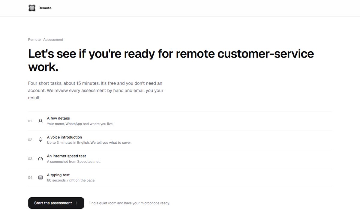 The free Remote assessment: a few details, a voice introduction, an internet speed test and a typing test