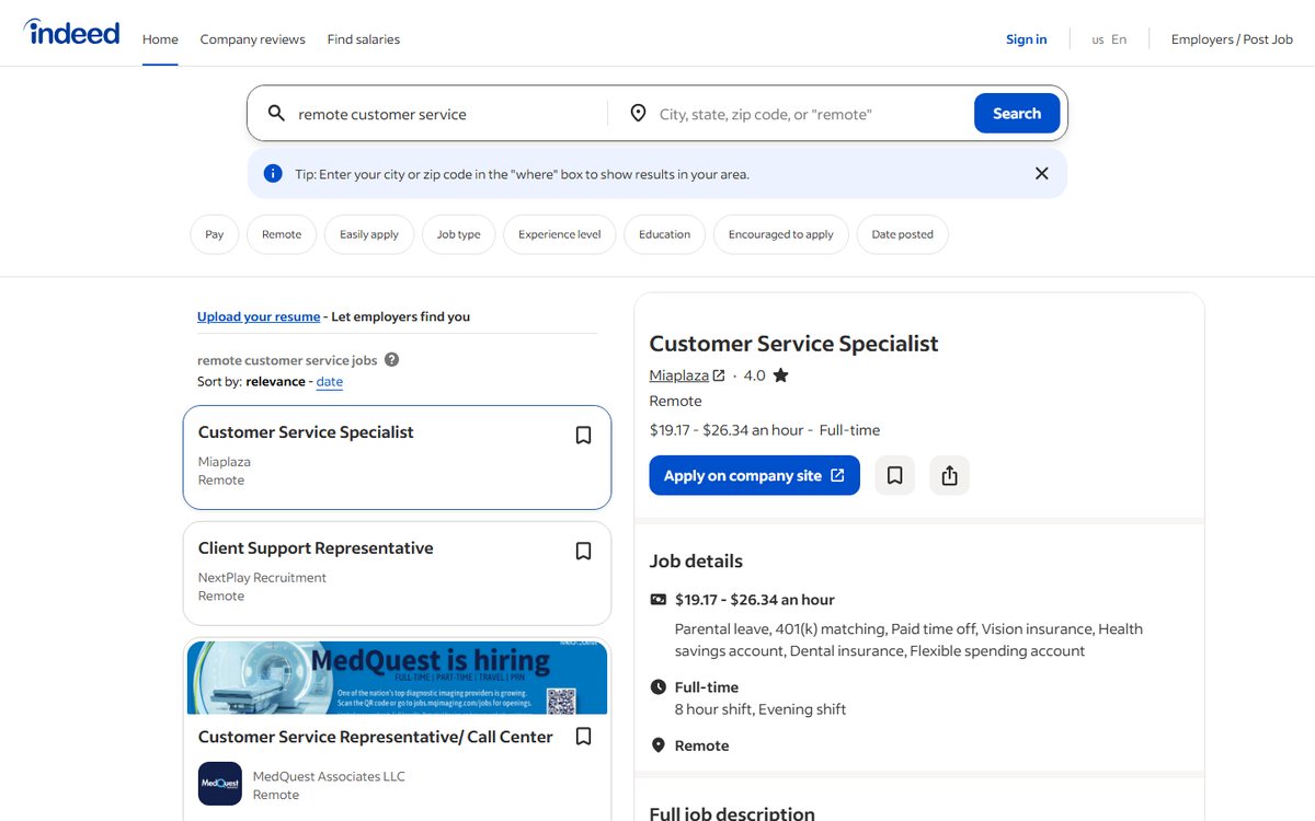 Indeed search results for remote customer service jobs, with pay, job type and an Apply on company site button
