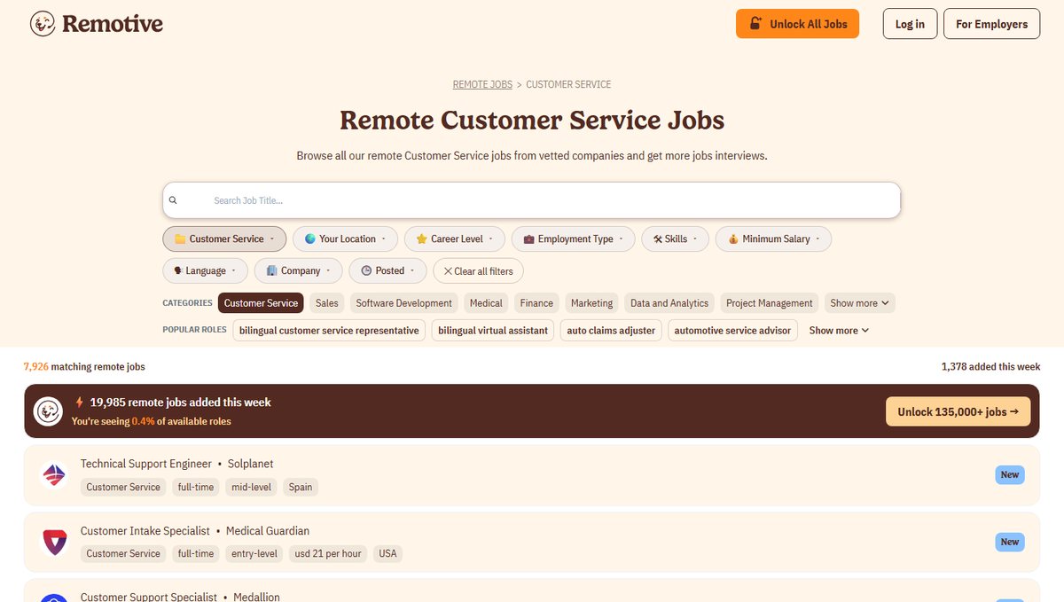 Remotive's remote customer service jobs page with filters for location, career level and salary